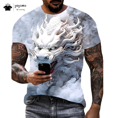 Herren-T-Shirt mit Drachenmuster, kurzärmeliges Fashion-Streetwear-Shirt, Rundhals-Top mit trendigem 3D-Tierprint, locker und vielseitig, Herrenbekleidung