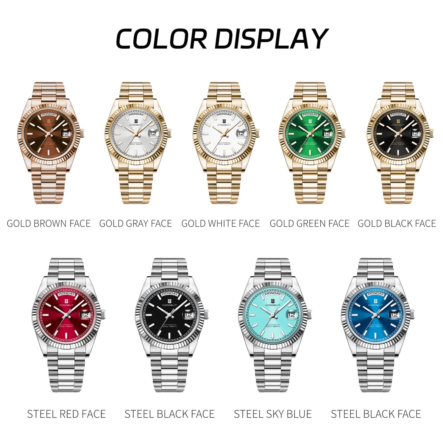 Reloj mecánico CORGEUT NH36 para hombre con indicador de día y fecha, brazalete President, caja de acero, bisel arqueado roscado, waterp