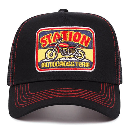 2025 New Truck Hat STATION Motorcycle Men's Street Skateboarding Hat Hip Hop Hat Women's Leisure Sunshade Baseball Hat Mesh Hat