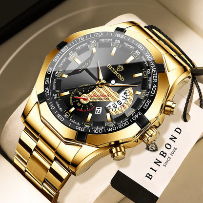 Orologio da polso al quarzo di lusso BINBOND da uomo, luminescente, impermeabile, con datario automatico, in acciaio inossidabile