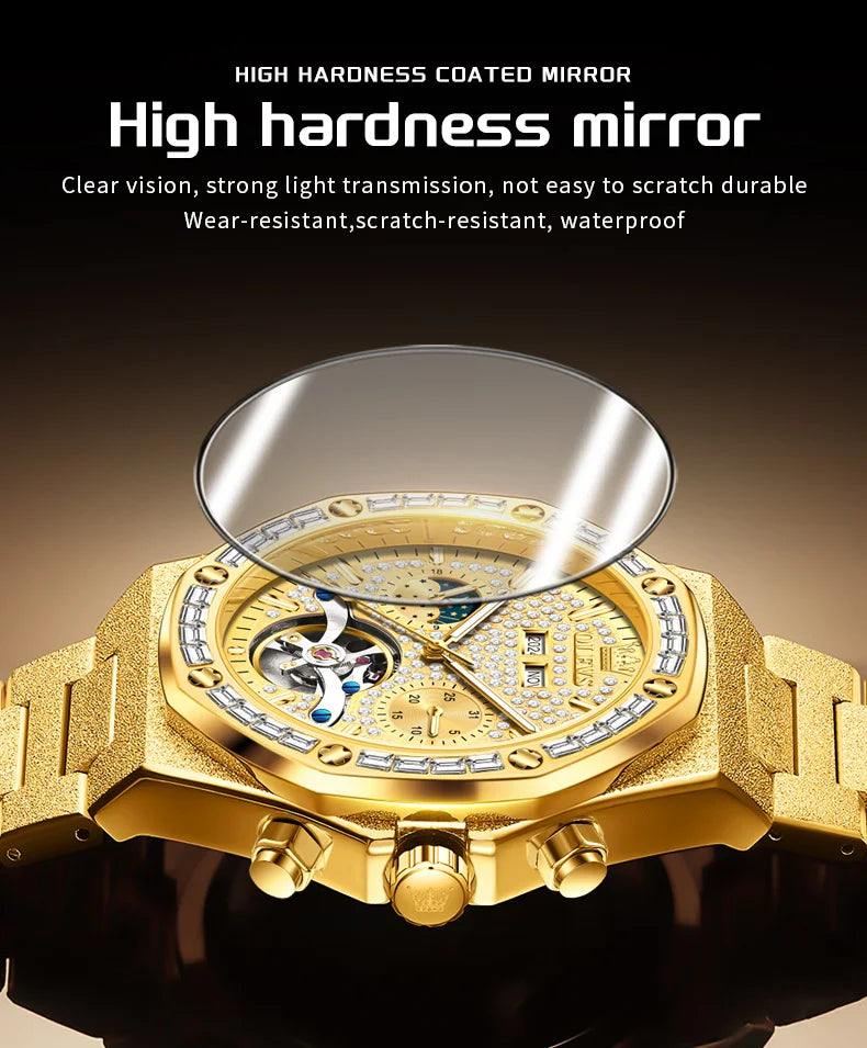 OLEVS 9805 Mens Watch Original Brand Tourbillon Automatic Mechanical Watch Diamond Dial Waterproof Moon Phase Watches For Men