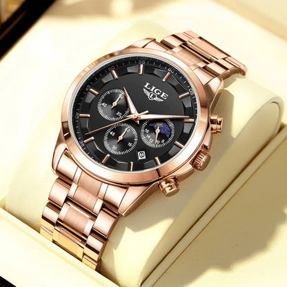 LIGE Men’s Watch – Luxury quartz chronograph, water-resistant (3 bar), with luminescent hands