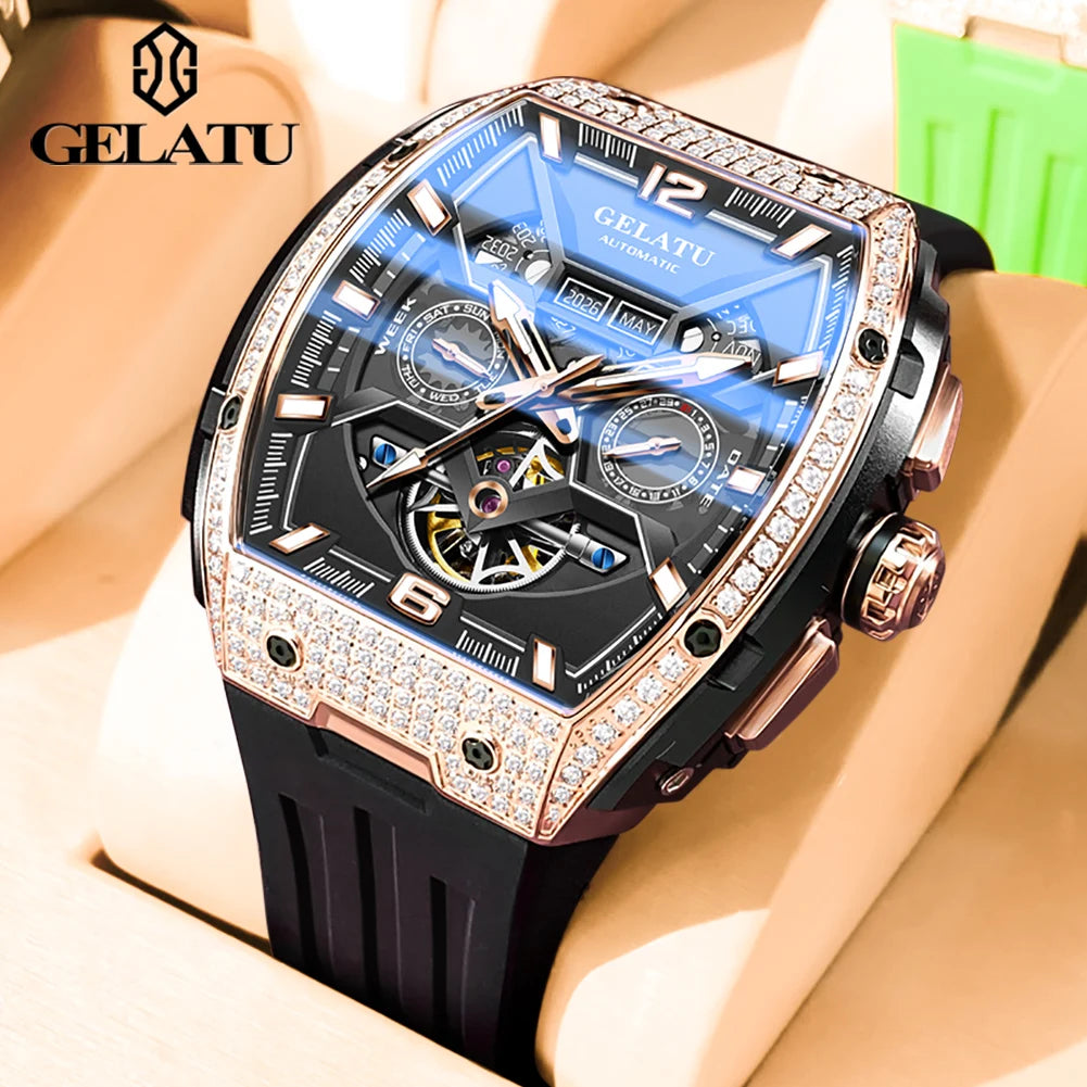 GELATU 6016 High-End Full Diamond Automatic Mechanical Watch for Men Multifunction Hollow Silicone Strap Men's Wristwatches