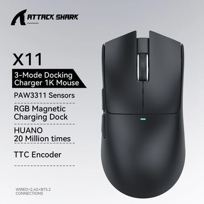 Herní myš ATTACK SHARK X11 a bezdrátová myš X11 SE, 22000 DPI, snímač PAW3311, BT/2.4G/kabelové připojení, lehká 59g konstrukce, 2000W kliknutí