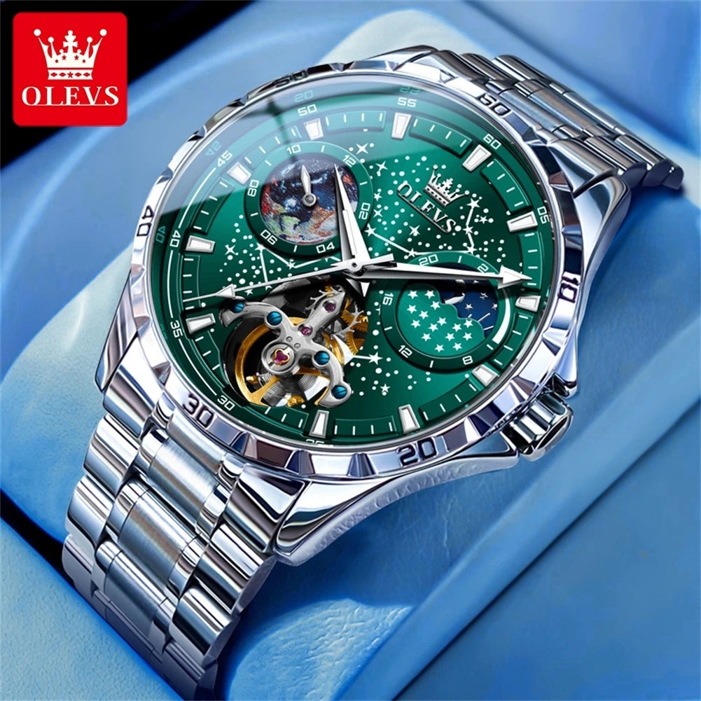 OLEVS Men’s Flywheel Skeleton Automatic Watch Starry Sky Dial, Luminous Mechanical Movement & Waterproof Business Wristwatch