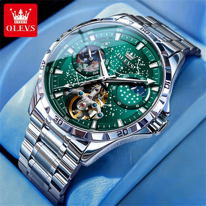 OLEVS Men’s Flywheel Skeleton Automatic Watch Starry Sky Dial, Luminous Mechanical Movement & Waterproof Business Wristwatch