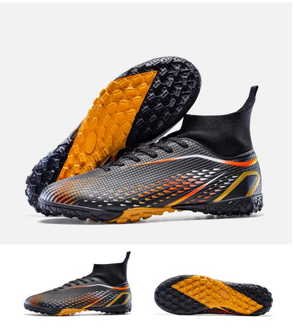 Chaussures de football à crampons multiples, semelle extérieure en caoutchouc à crampons courts et denses, semelle intermédiaire en EVA amortissante, tige synthétique douce et respirante, confort