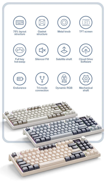 Teclado mecánico ATTACK SHARK K86 con perilla metálica, pantalla inteligente TFT a color, diseño de 87 teclas, iluminación RGB y conexión trimodo