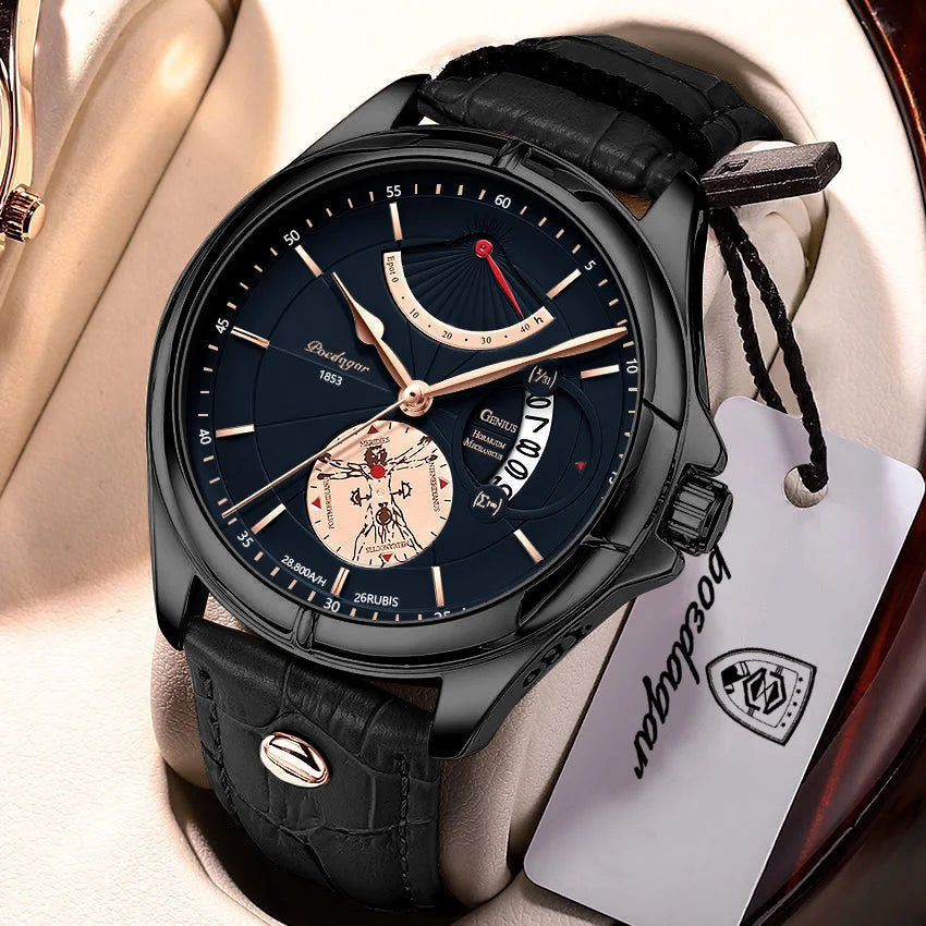 POEDAGAR men’s quartz wristwatch – Business style, luxury, water-resistant, luminous, with date display and leather strap – Elegant men’s watch