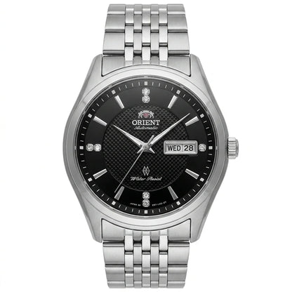 Montre mécanique automatique pour homme Orient, avec double calendrier (date et jour de la semaine), index en cristal et bracelet en acier inoxydable – Montre-bracelet de style professionnel