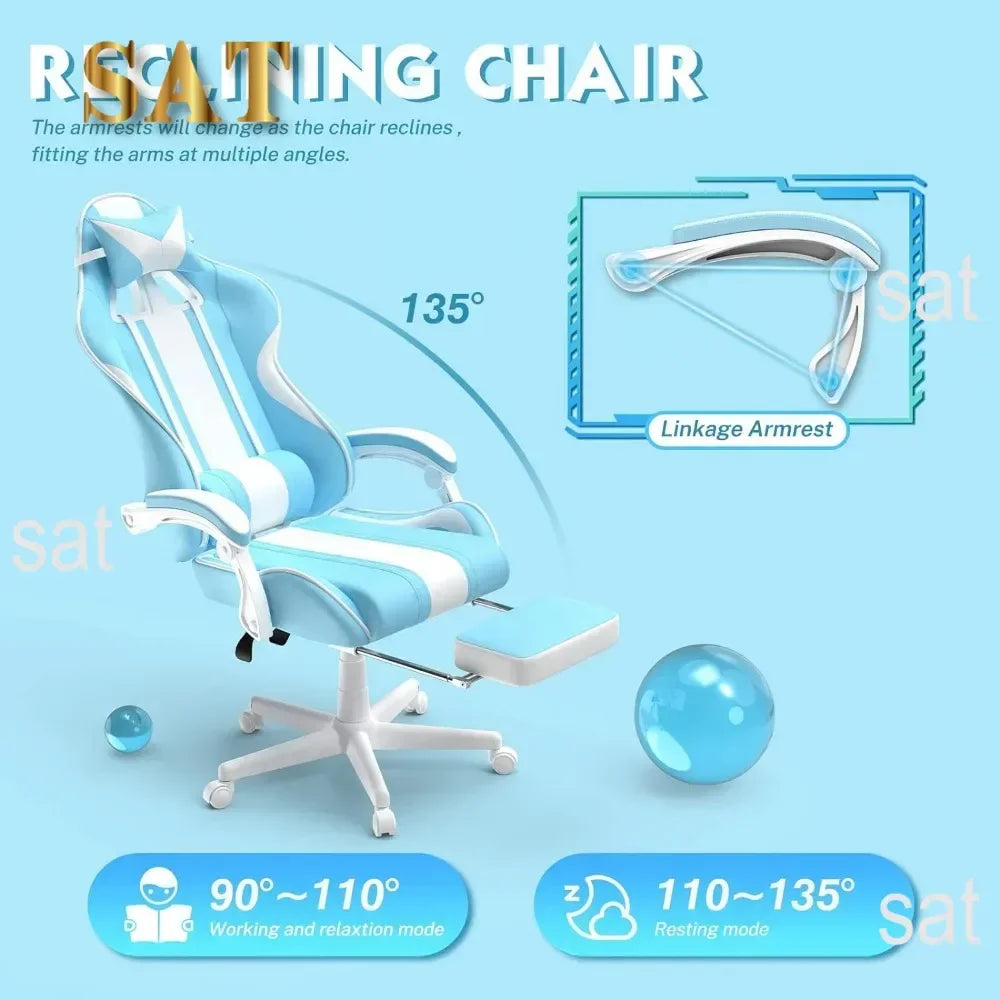 #For Kawaii Light Blue Gaming Chair with Bunny Ears, Ergonomic Cute Gamer Chair with Footrest and Massage, Racing Reclining&