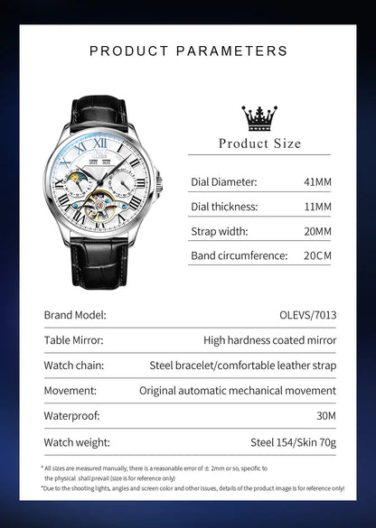 OLEVS 7013 Men’s Automatic Mechanical Watch Moon Phase, Roman Numeral Dial, Skeleton Flywheel, Luminous & 30M Waterproof