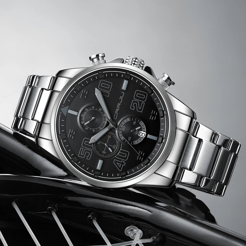 CRRJU men’s watch – Luxury chronograph, large dial, stainless steel, water-resistant, with date display