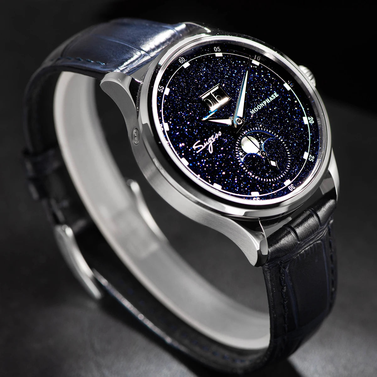 Sugess Moonphase Watch of Men 40mm Automatic Mechanical Wristwatches Seagul ST2528 Movement Stainless Steel Blue Sandstone Dial