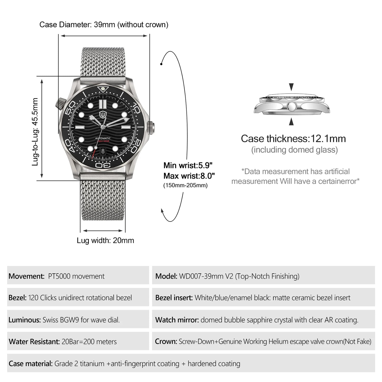 Watchdives WD007 V2 39mm Titanium Dive Watch PT5000 Automatic Movement Luminous 200m Waterproof Domed Bubble Sapphire Watches