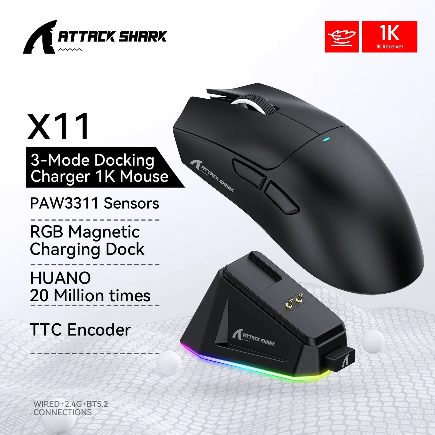 Attack Shark X11&R1 Tri-Mode Bluetooth trådløs mus med opladningsbase, RGB, ergonomisk letvægtsmus, PC-gamer-tilbehør