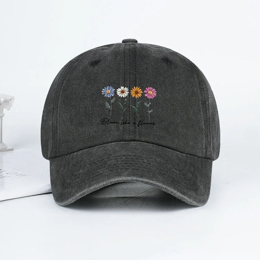 Vintage Washed Daisy Baseball Cap – Unisex “Flowers in Bloom” Letter Print Dad Cap – Outdoor Travel & Casual Sun Hat