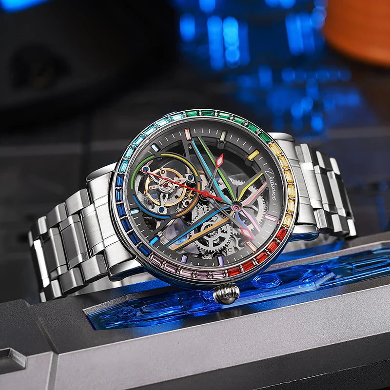 Montre squelette pour homme, style mode, ornée de pierres précieuses aux couleurs de l'arc-en-ciel, dotée d'un tourbillon; montre mécanique automatique de luxe, étanche jusqu'à 30 mètres.