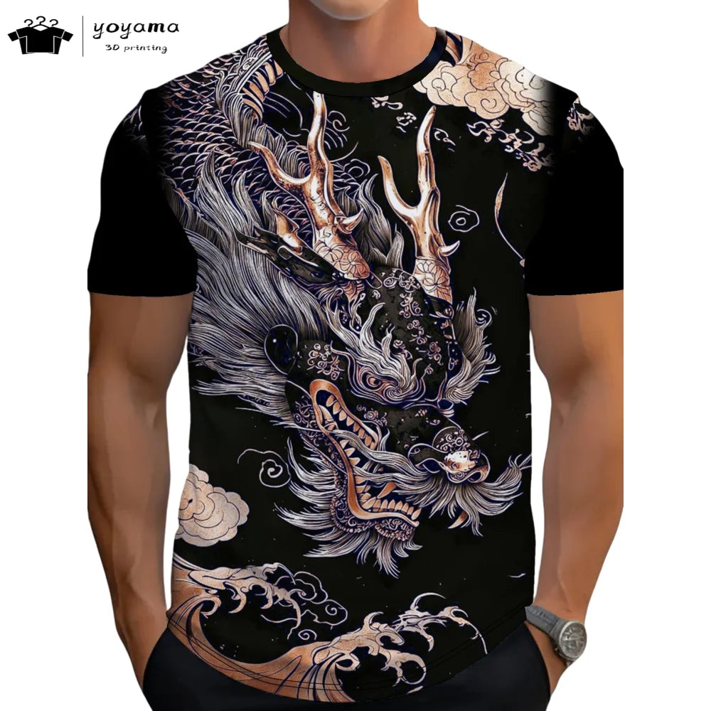 Herren-T-Shirt mit Drachenmuster, kurzärmeliges Fashion-Streetwear-Shirt, Rundhals-Top mit trendigem 3D-Tierprint, locker und vielseitig, Herrenbekleidung
