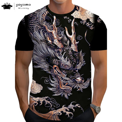Herren-T-Shirt mit Drachenmuster, kurzärmeliges Fashion-Streetwear-Shirt, Rundhals-Top mit trendigem 3D-Tierprint, locker und vielseitig, Herrenbekleidung