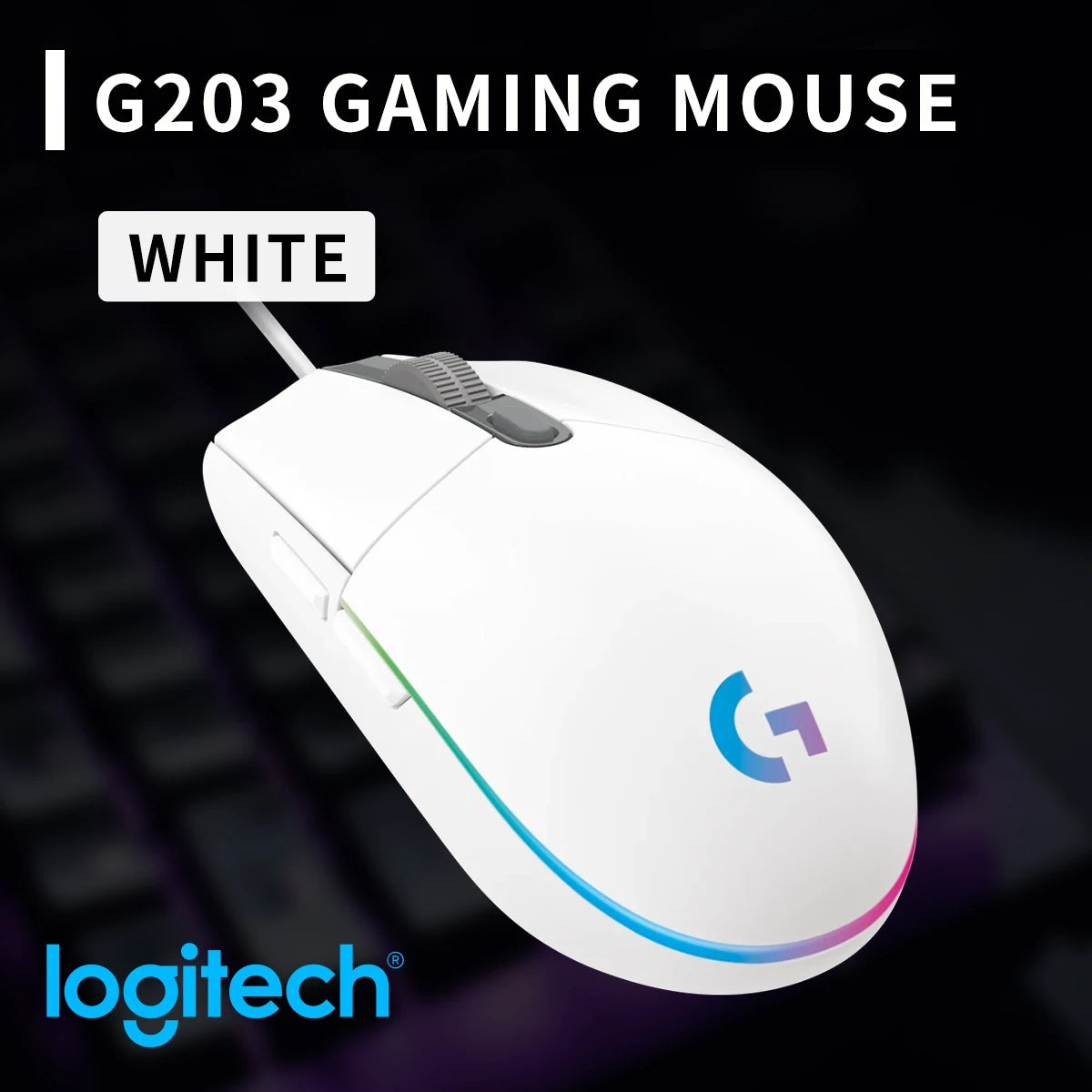 Przewodowa mysz gamingowa Logitech G203, klasy e-sportowej, 6 programowalnych przycisków i wielokolorowe podświetlenie do gier rywalizacyjnych
