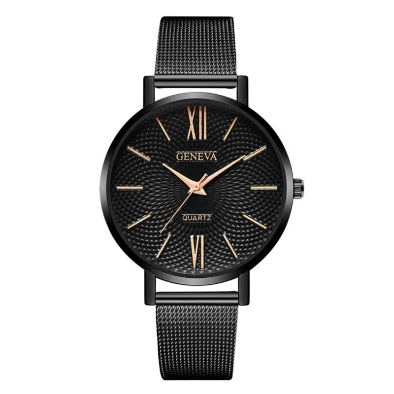 2021 New Geneva Watch Women Black Watches Stainless Steel Mesh Band Quartz Wristwatches Casual Ladies Watches Cheap Price