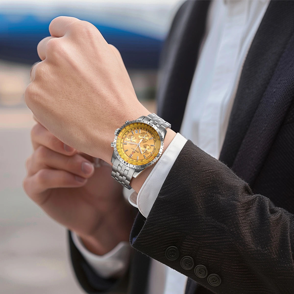 Montre chronographe pour homme BERNY – Montre à quartz multifonction de style aviation, dotée d'un affichage de la date, d'un verre saphir et d'une excellente luminescence – Montre-bracelet de luxe pour homme