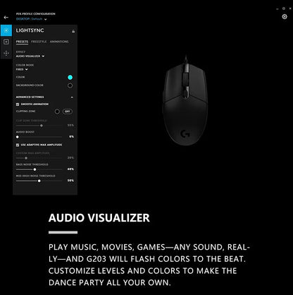 Przewodowa mysz gamingowa Logitech G203, klasy e-sportowej, 6 programowalnych przycisków i wielokolorowe podświetlenie do gier rywalizacyjnych