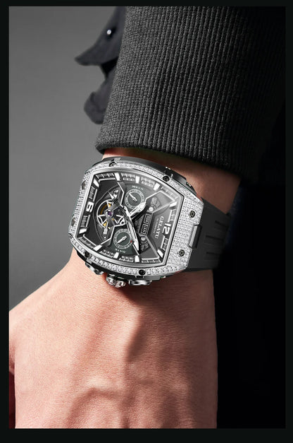 GELATU 6016 High-End Full Diamond Automatic Mechanical Watch for Men Multifunction Hollow Silicone Strap Men's Wristwatches