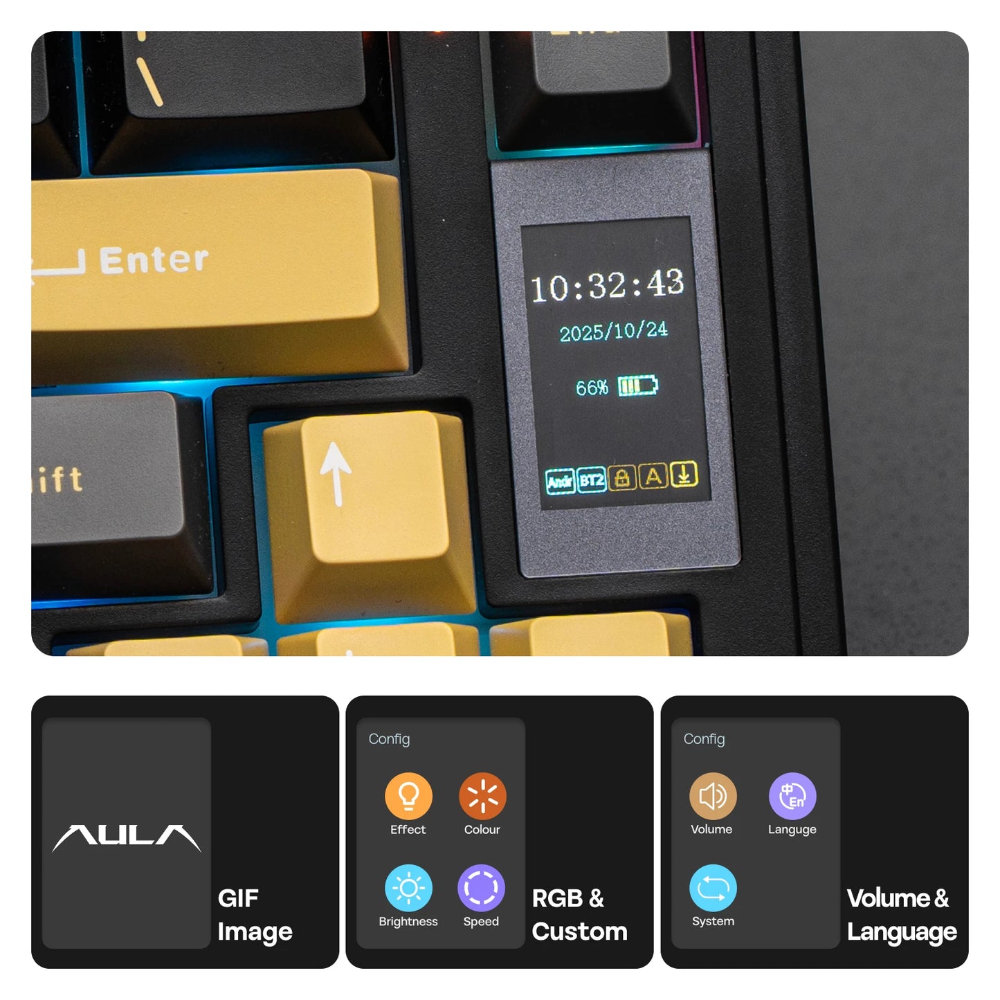 Teclado mecánico EPOMAKER X AULA EA75 MAX 75% ANSI US con hot-swap, montaje gasket, conexión por cable/BT/inalámbrica 2.4GHz, pantalla y perilla