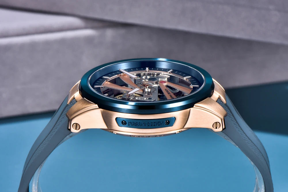 PAGANI DESIGN men’s watch – Luxury automatic mechanical model, ‘skeleton’ (open-heart) style, featuring a tourbillon, sapphire crystal with anti-reflective coating, water-resistant and luminescent.