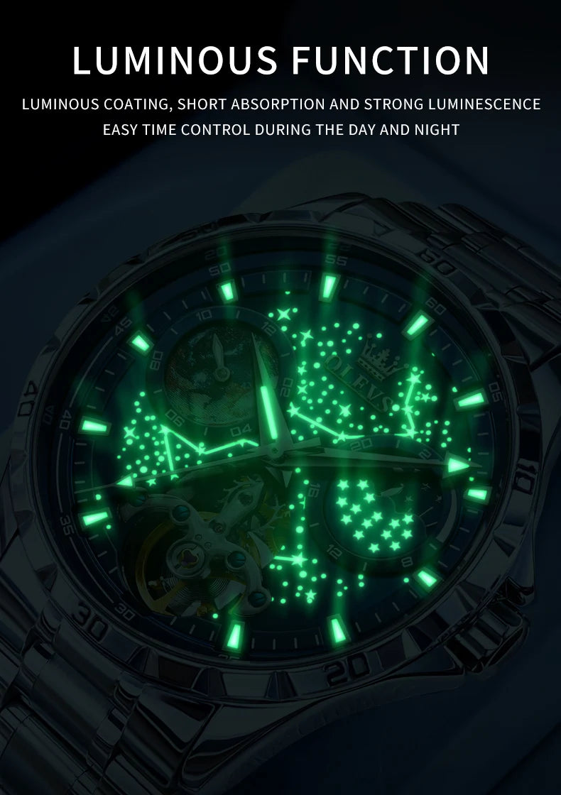 OLEVS Men’s Flywheel Skeleton Automatic Watch Starry Sky Dial, Luminous Mechanical Movement & Waterproof Business Wristwatch