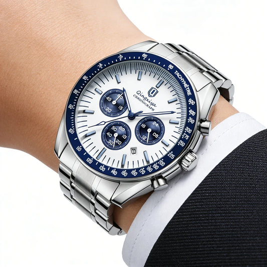 Relógio de quartzo para homem, de marca de luxo, estanque e luminescente, em aço inoxidável, equipado com um cronógrafo de 24 horas e um indicador de data – Relógio elegante para homem