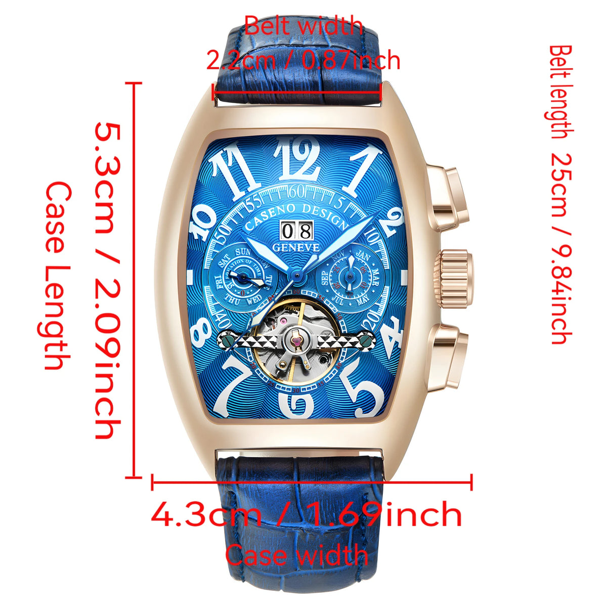 CASENO csúcsminőségű luxusmárka férfi teljesen automatikus mechanikus tourbillon karóra naptárral, éjszakai világítással, tonneau alakú, áttört karóra -577G