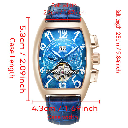 CASENO csúcsminőségű luxusmárka férfi teljesen automatikus mechanikus tourbillon karóra naptárral, éjszakai világítással, tonneau alakú, áttört karóra -577G