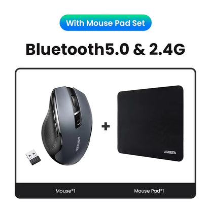 Mysz bezprzewodowa UGREEN Bluetooth 5.0, ergonomiczna, 4000DPI, 6 cichych przycisków, do MacBooka, tabletu, laptopów, komputera PC, 2.4G