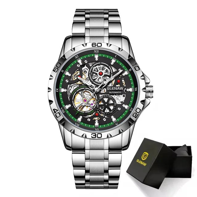 Montre-bracelet mécanique automatique pour homme GLENAW, style Steampunk avec cadran squelette, modèle de luxe, étanche, dotée d'aiguilles luminescentes et d'un bracelet en acier inoxydable.