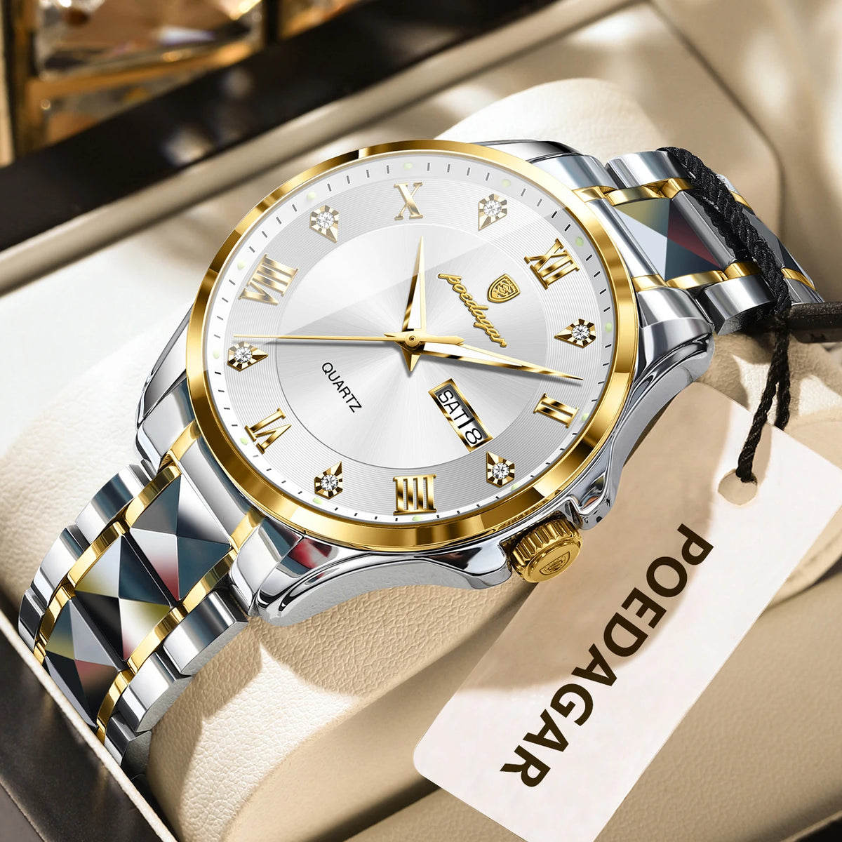 Montre pour homme POEDAGAR, modèle de luxe original, étanche, lumineuse, avec affichage de la date et du jour, style élégant, boîtier en acier inoxydable, mouvement à quartz, idéale pour le travail.