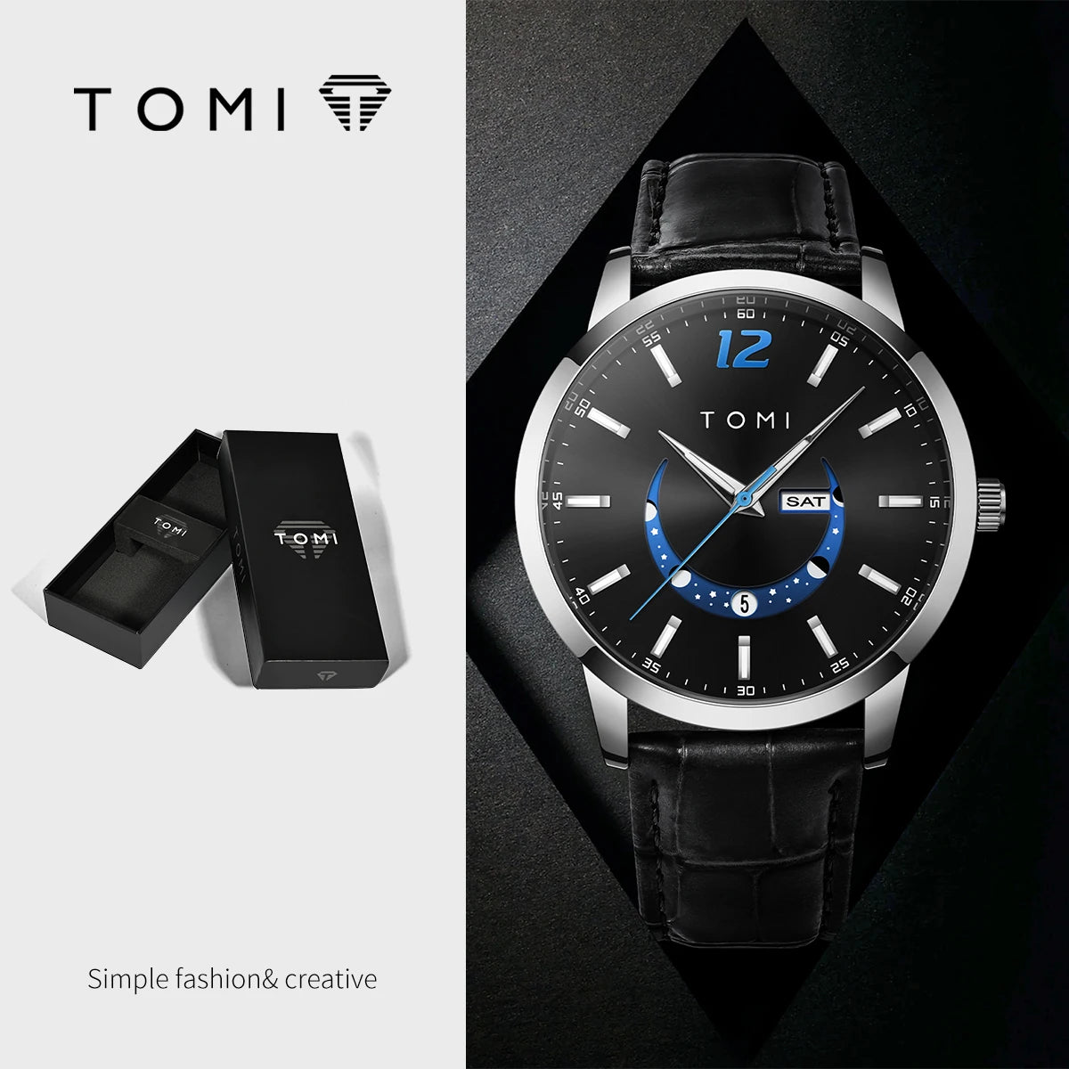 Montre à quartz TOMI, style business et élégant, avec bracelet en cuir, boîtier en alliage et cadran à aiguilles – Design haut de gamme, idée cadeau pour homme