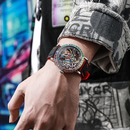 Montre squelette pour homme, style mode, ornée de pierres précieuses aux couleurs de l'arc-en-ciel, dotée d'un tourbillon; montre mécanique automatique de luxe, étanche jusqu'à 30 mètres.