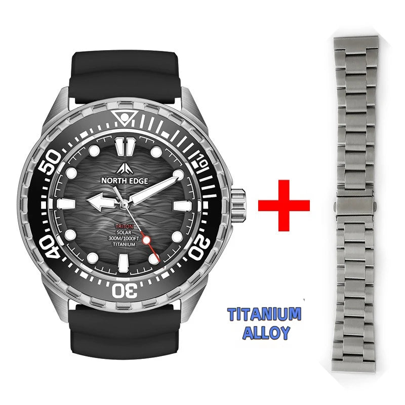 NORTH EDGE NEW+ TRITON-TI titán napelemes búváróra, luxus kvarc karóra férfiaknak, 300 m vízállóság, 180+ napos üzemidő