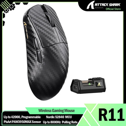 ATTACK SHARK R11 ULTRA 49g Carbon Fiber 8000Hz Ασύρματο Gaming Ποντίκι, 42000 DPI, 20000 FPS, PAW3950MAX, Nordic 52840 Chip