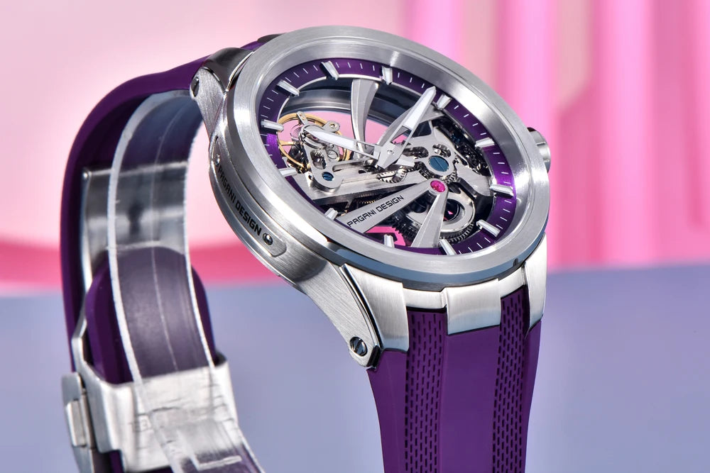 PAGANI DESIGN men’s watch – Luxury automatic mechanical model, ‘skeleton’ (open-heart) style, featuring a tourbillon, sapphire crystal with anti-reflective coating, water-resistant and luminescent.