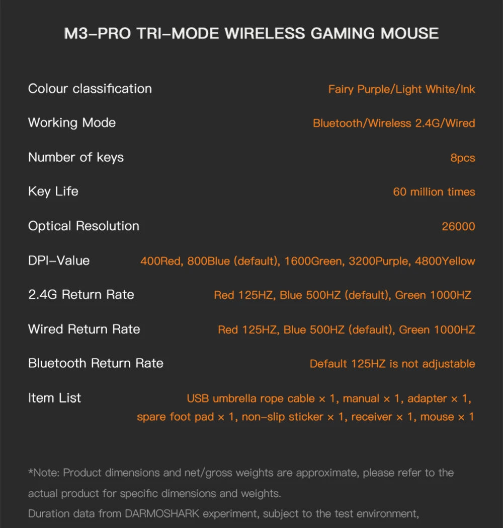 Геймърска мишка Darmoshark M3Pro 2.4G BT безжична Tri-Mode, сензор PAW3395, N52840, 26000DPI, за голяма ръка, макро драйвер, мишка за игри