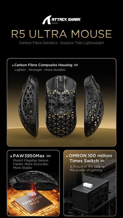 Ratón gaming inalámbrico ATTACK SHARK R5 ULTRA - sondeo 8K, sensor PAW3950MAX, 42,000 DPI, fibra de carbono ultraligera para esports profesionales