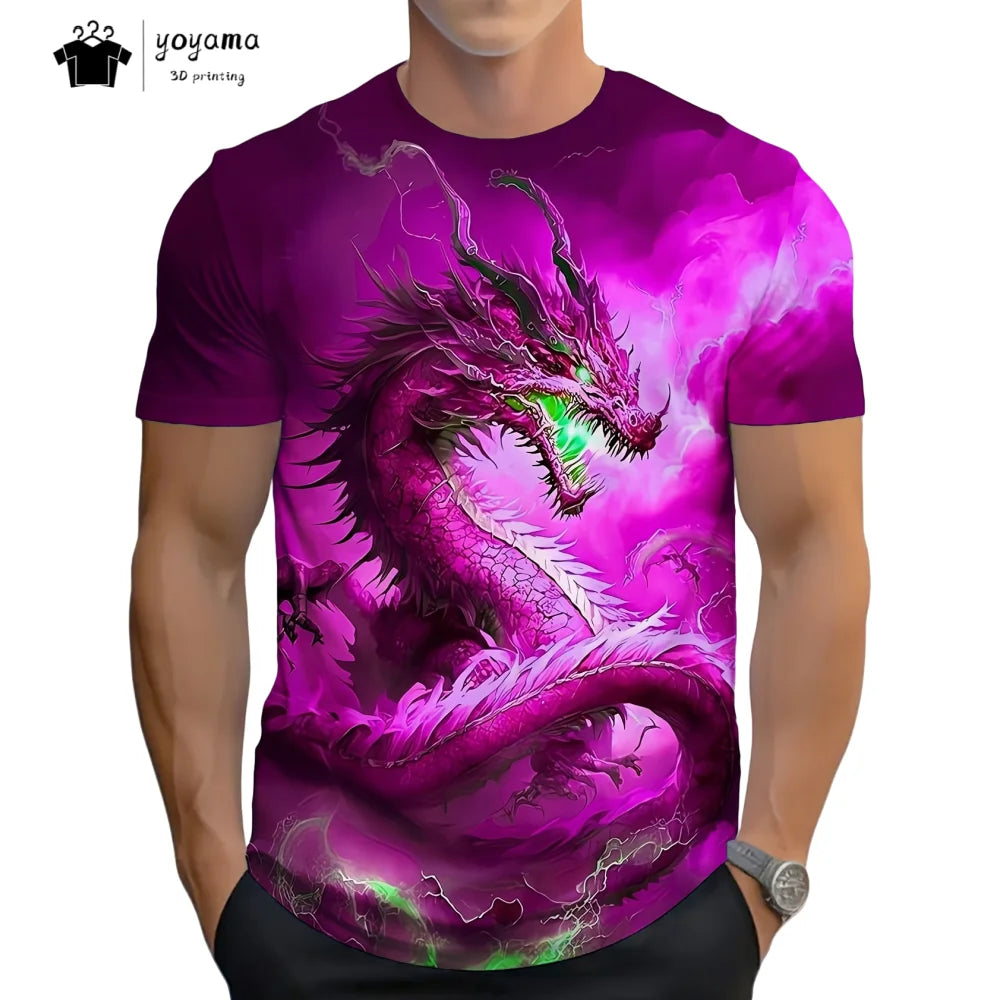 Herren-T-Shirt mit Drachenmuster, kurzärmeliges Fashion-Streetwear-Shirt, Rundhals-Top mit trendigem 3D-Tierprint, locker und vielseitig, Herrenbekleidung