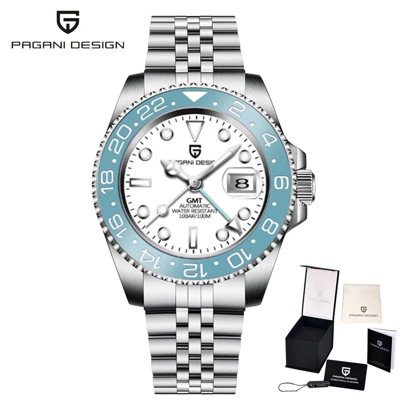 Pagani Design GMT Mechanical Men’s Watch – Luxury model with sapphire crystal, stainless steel case and ceramic bezel – Automatic men’s watch, business style