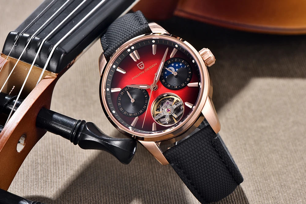 PAGANI DESIGN – Relógio mecânico de luxo para homem, 41 mm, vidro de safira, bracelete em pele, estanque, estilo piloto, com turbilhão e fase lunar