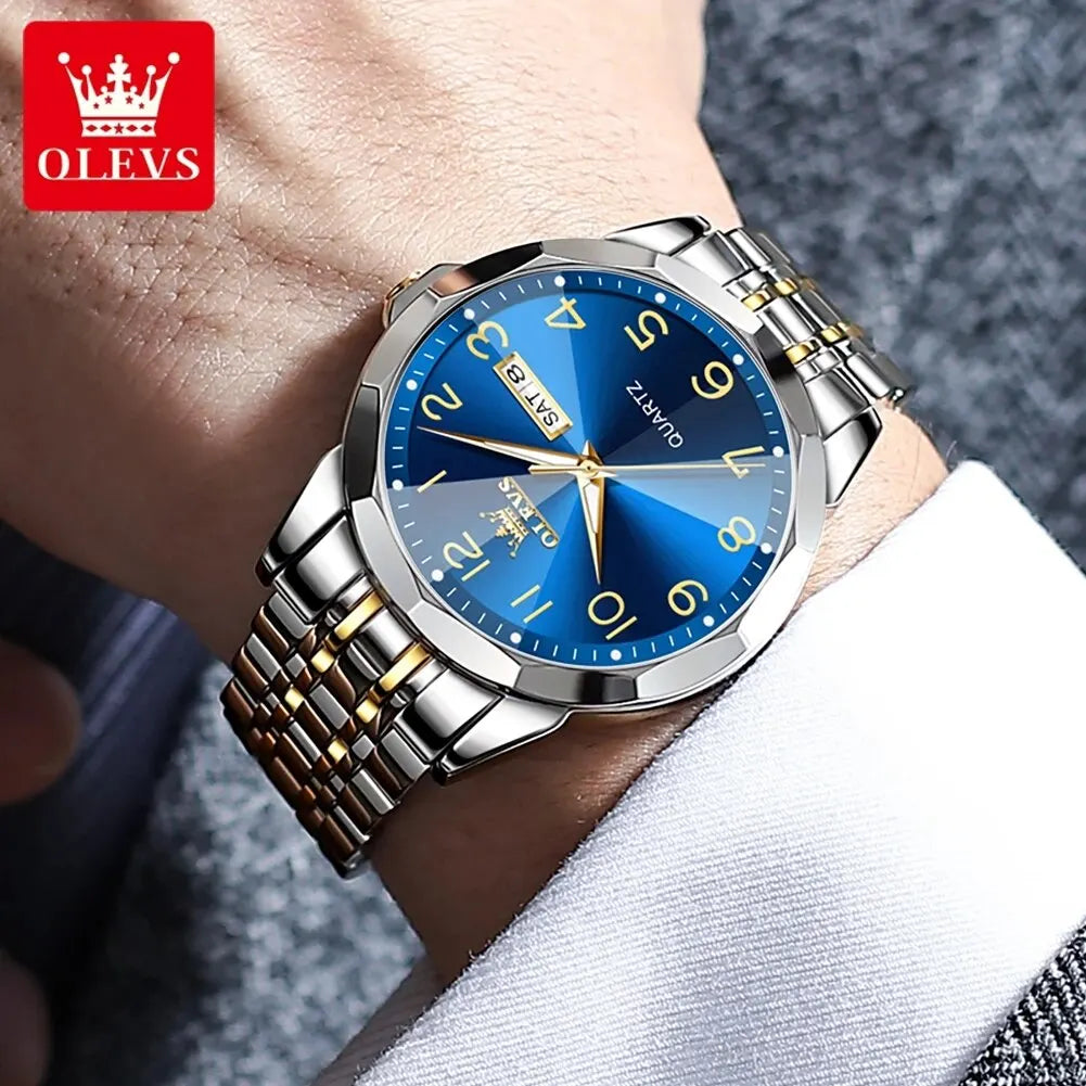 Montre pour homme OLEVS 9970 – Modèle élégant avec cadran numérique, affichage de la date et du jour, étanche, luminescente, à quartz – Montre de luxe originale