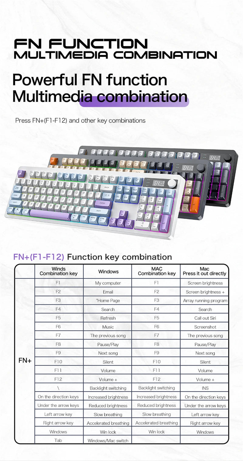Spanish Wireless Keyboard Russian Spanish Arabic Korean 100% Keyboard Layout With Volume Knob TK100 RGB Light Type C Bluetooth